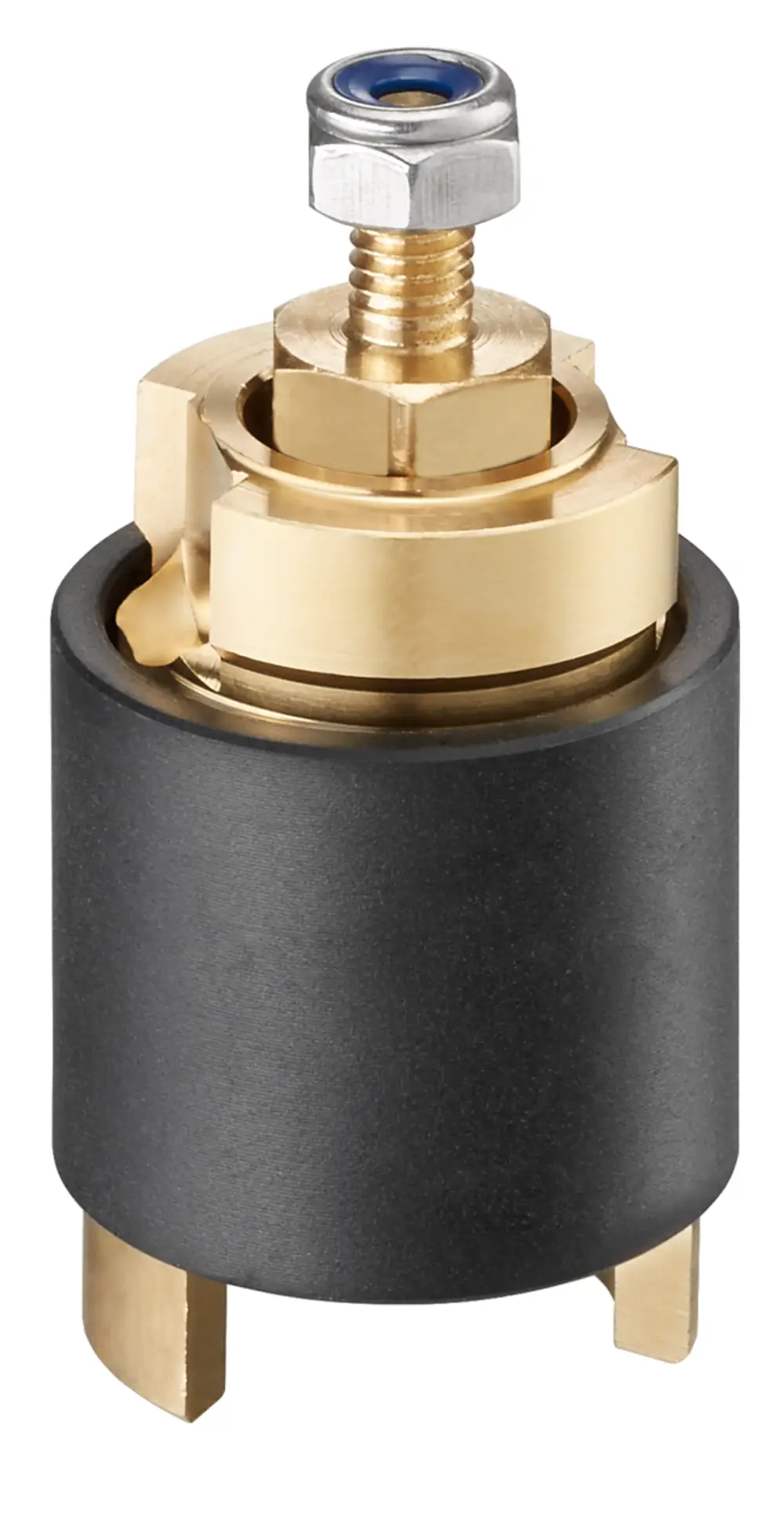 Oventrop Spindelverlängerung aus Metall mit einem schwarzen zylindrischen Körper und goldenem oberem Anschluss, geeignet für Kugelhähne mit Hebel oder Flügelgriff.